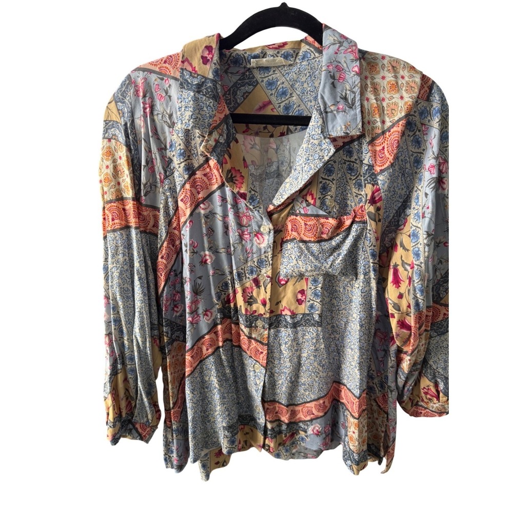 Christian Siriano Patchwork Floral Boho Blouse Women's Button Front Romantic Top - Picture 2 of 8